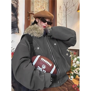 现货重磅boxy短款棉衣座山雕大毛毛领男女棉服水洗工装厚外套图片