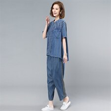 2021夏季新款简约时尚气质格子拼接水洗牛仔套装，女装套装/套裙，叶笙衣