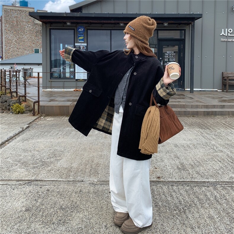黑色灯芯绒格子拼接外套女2025年冬季浪漫夹棉加厚保暖中长款上衣,女装棉衣/棉服,2C201