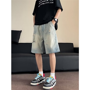 牛仔裤纯色破洞水洗短裤男休闲中裤机能户外五分裤子 DM761图片