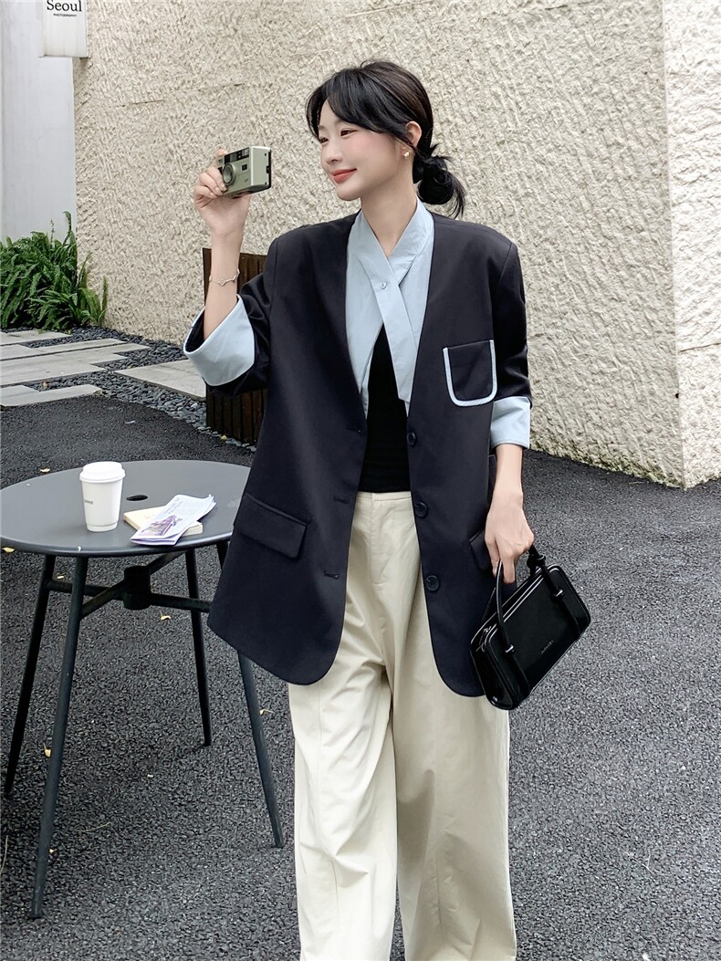 韩版韩系V领西服拼接单排扣西装学院风纽扣正装常规春秋气质长袖,女装西装,浙宝210（原浙宝191）