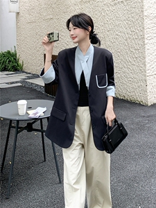 韩版韩系V领西服拼接单排扣西装学院风纽扣正装常规春秋气质长袖图片