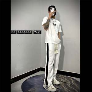 条纹暗拉链直筒休闲裤潮牌夏季薄款运动卫裤宽松阔腿JXK96-P38图片