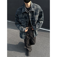 2025秋季满印格子衬衫男款长袖宽松痞帅牛仔外套夹克衫JK1185-P78，男装工装外套，星座1103-3