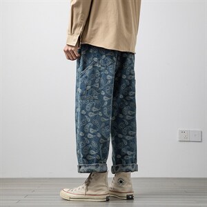 2021春木板白墙潮流九分牛仔裤腰果花宽松休闲直筒裤N8053-P55图片
