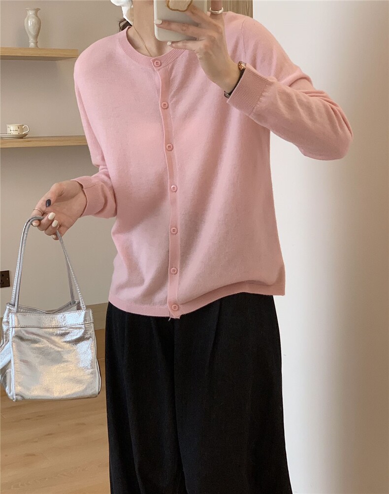 超细美丽诺羊毛圆领开衫，女装针织衫/毛衣，杭跃羊绒