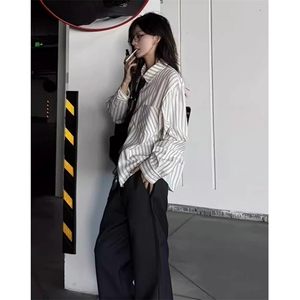 条纹泡泡纱衬衣高智感休闲正肩长袖衬衫复古条纹上衣 C229图片