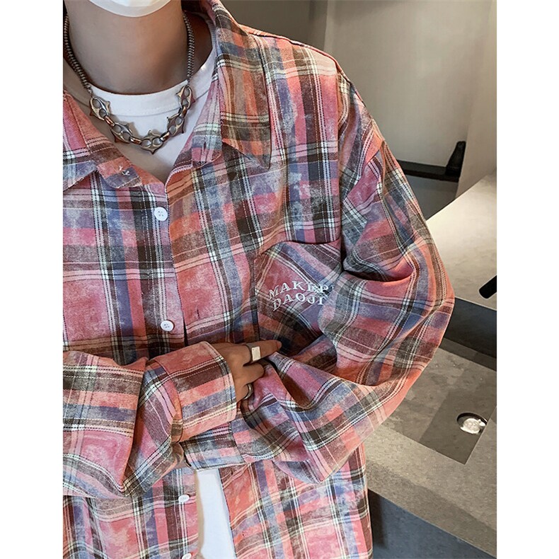 特批P42无差价秋季新款字母刺绣长袖衬衣男百搭大码格子衬衫C2504，男装衬衫，电商A001