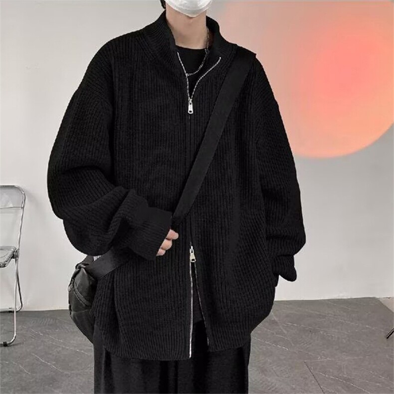 抖音得物保暖立领拉链针织外套秋冬宽松慵懒风纯色毛衣上衣AM02,男装针织衫/毛衣,电商A443