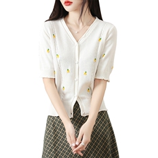 气质清新棉刺绣针织开衫女外搭春季新款短袖V领短款上衣，女装针织衫/毛衣，恒旺羊绒