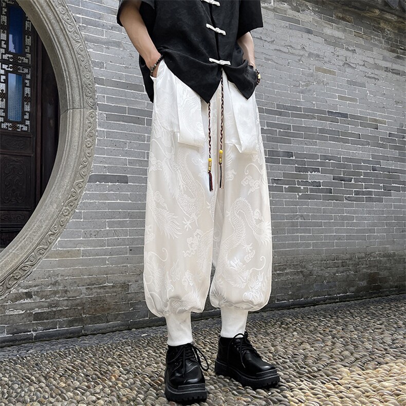 特批P42无差价2025夏季新中式风龙纹印花冰丝束脚灯笼裤男K1369，男装休闲裤，电商A001