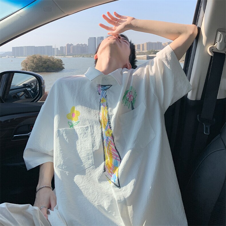 无性别短袖衬衫男款夏季涂鸦印花衬衣青少年学院风痞帅休闲上衣服,男装衬衫,电商A001-1
