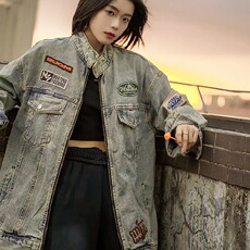 美式复古刺绣牛仔外套女春秋2025新款宽松休闲vintage立领机车服，男装工装外套，星座1210-1