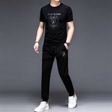 YS-X338夏季男式短袖长裤短裤三件套运动休闲套头修身T恤套装P132，男装休闲套装，电商B360