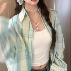 TC630-P45夏季韩系宽松防晒长袖格子衬衫薄荷曼波风穿搭，女装衬衫，星座617A-2
