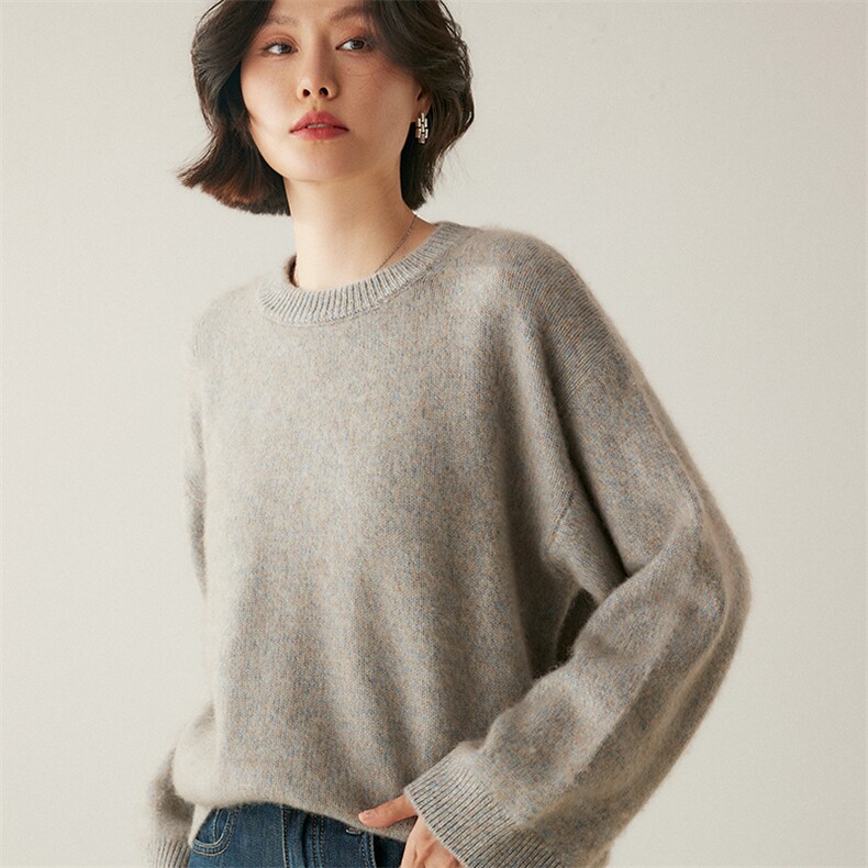2025秋季新款羊绒衫女100纯山羊绒休闲显气质拼色显瘦圆领针织衫图片
