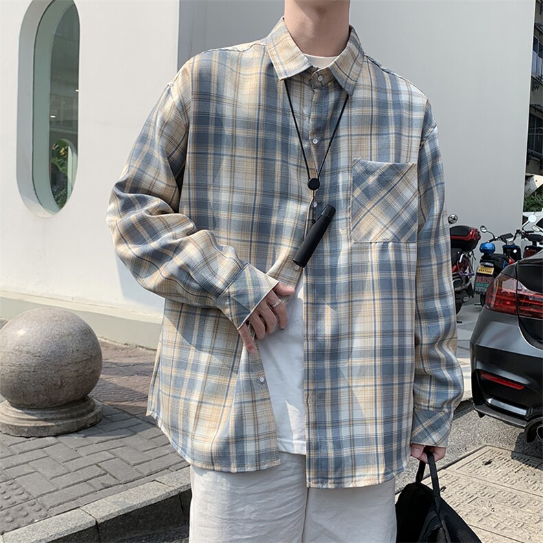 青少年港风文艺格子衬衫男长袖春秋季休闲复古衬衣外套W1599-P30,男装衬衫,星座512-4