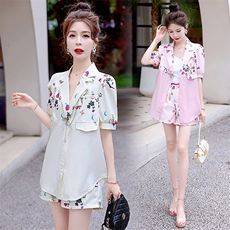 小个子高腰连衣裙西装领职业夏季短袖气质收腰印花短裤，女装短裤/热裤，韩美纤衣