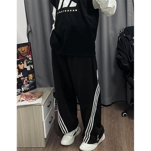 三条杠条纹撞色阔腿弯刀裤子男女春设计感宽松运动卫裤 KB883图片