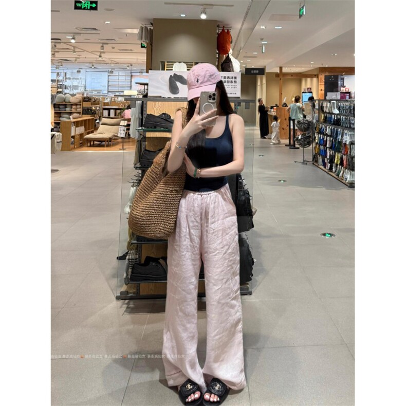 AK2161-P45美式亚麻温柔感宽松休闲系带松紧腰垂感直筒裤图片