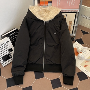 座山雕潮美式复古棉服外套冬季夹棉加绒水洗厚毛领连帽短款棉衣图片