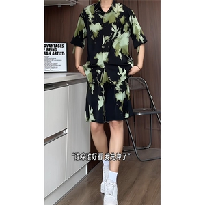 1短袖衬衫男+短裤潮流休闲套装男M-5XL大码TZ78710P50控98模特图图片