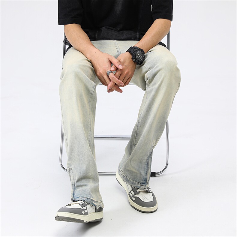 美式高街复古侧边拉链牛仔裤男设计感直筒窄版阔腿裤子潮NB97P50,男装牛仔裤,电商D325
