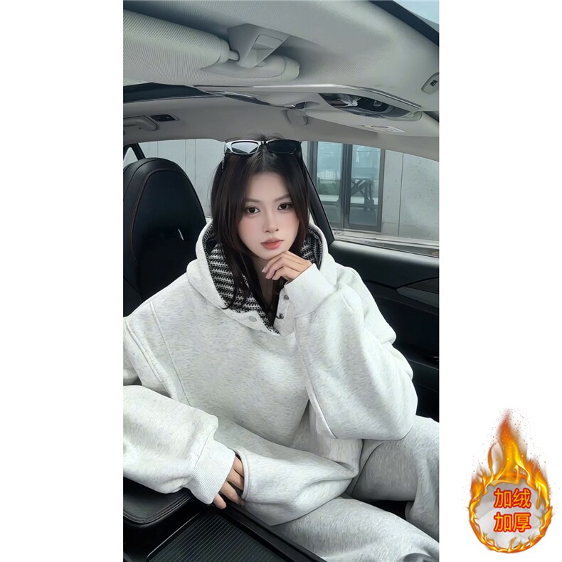 ！鱼骨纹拼接撞色卫衣冬季加绒连帽衫外套WR2252JR-P65控108,女装短外套,星座815A