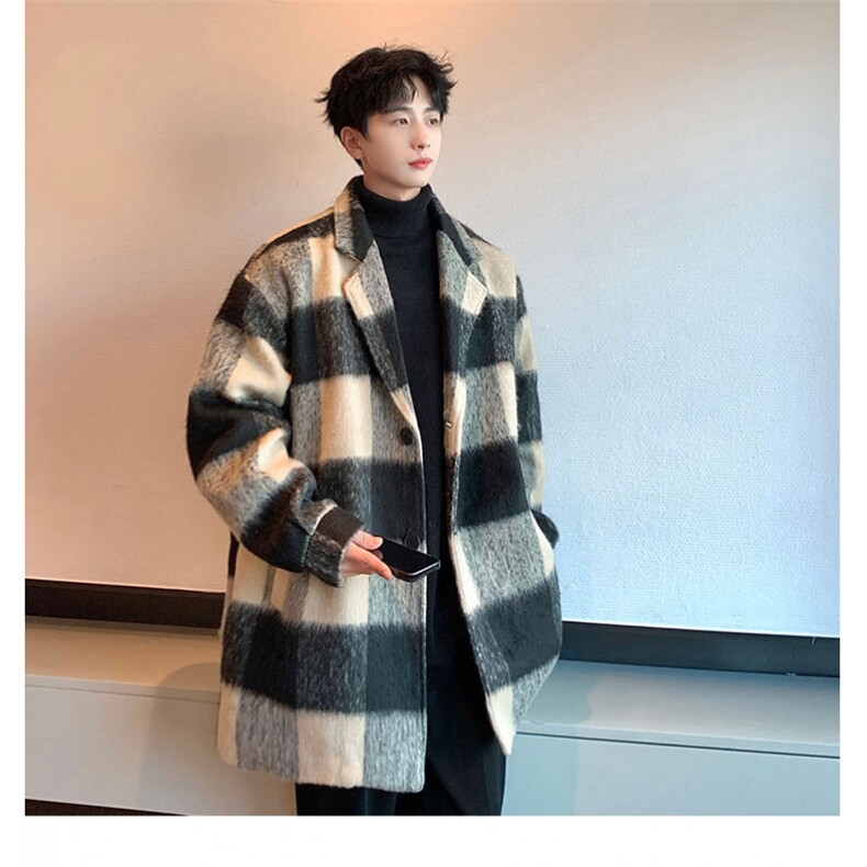 格子毛呢中长款风衣西装领小香风冬装外套W25P110,男装风衣,电商A458A