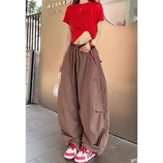 时尚撞色格子腰头刺绣字母抽绳阔腿裤女夏季宽松显瘦直筒休闲长裤，男装休闲裤，星座1210-1