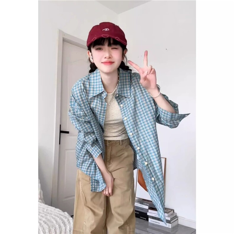 TC767-P45蓝色格子衬衫上衣女2026新款夏季薄款慵懒风,男装衬衫,星座617A-2