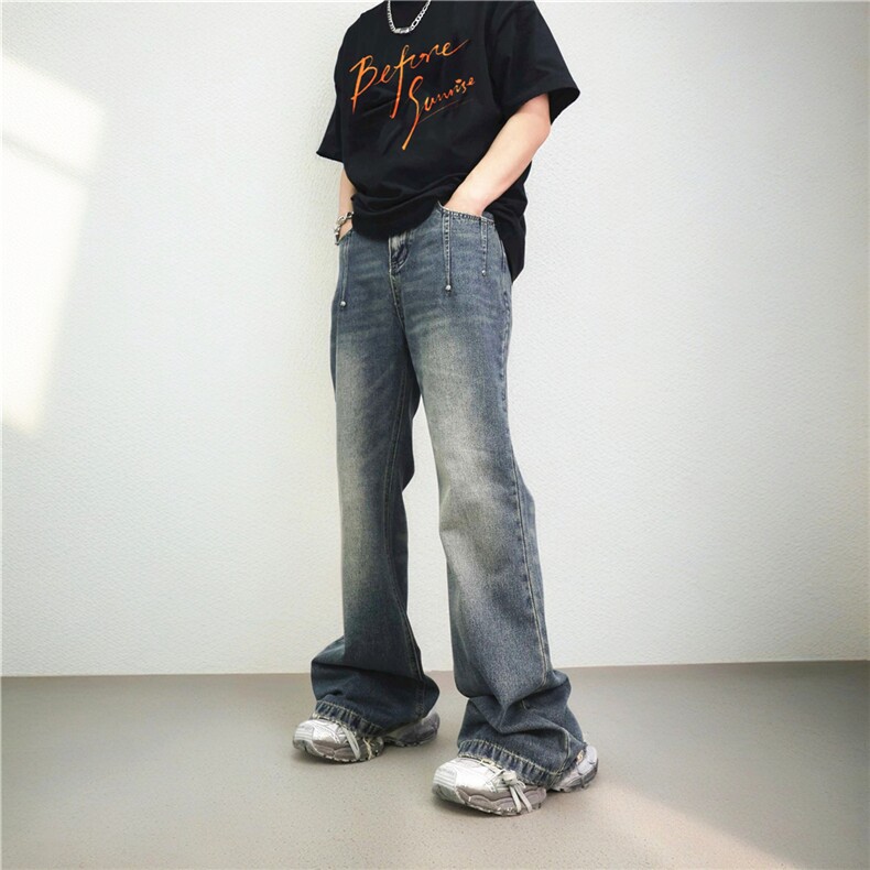 2024高街潮牌美式复古做旧水洗黄泥染牛仔裤微喇叭显瘦裤子-N3910,男装牛仔裤,星座601-2