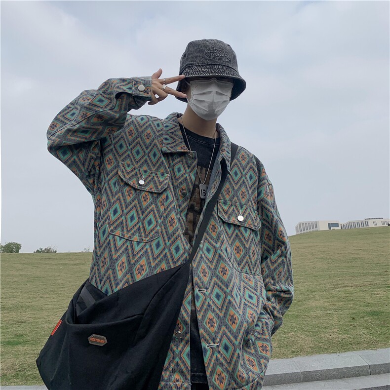 美式高街牛仔外套男菱形拼色个性帅气2025夏季ins夹克W5068-P60，男装工装外套，星座412-3