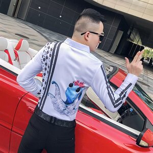 2021春秋衬衫社会男长袖上衣印花男装韩版修身四季潮流衬衣Q631-P55图片