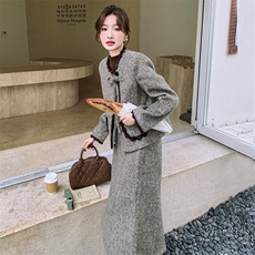 ootd穿搭小香风高端羽绒内胆毛呢套装女秋冬超火好看半身裙两件套，女装套装/套裙，2D078