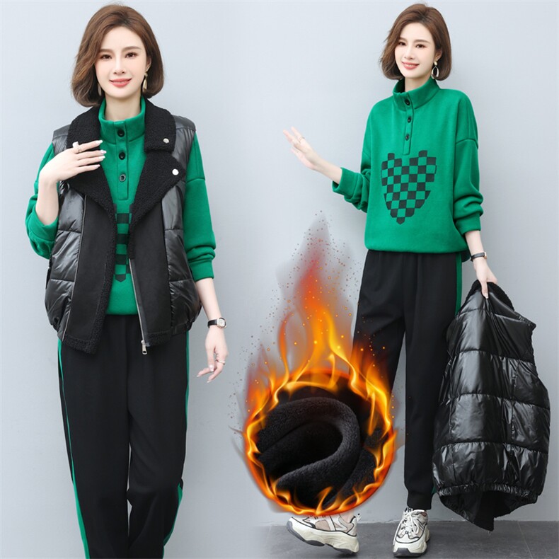 加厚加绒卫衣马甲三件套装女爱心春秋冬三穿中老年妈妈装休闲宽松，女装套装/套裙，璐依舞