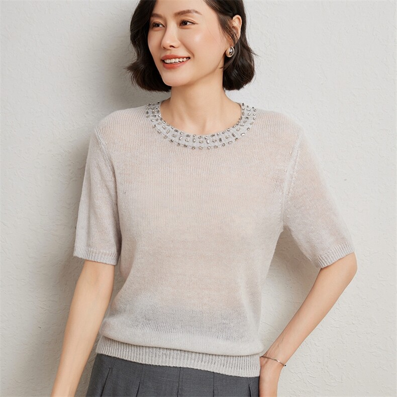 时尚气质简约百搭7G天丝领子带钻短袖羊毛衫女秋冬新款,女装羊绒衫,臻维羊绒