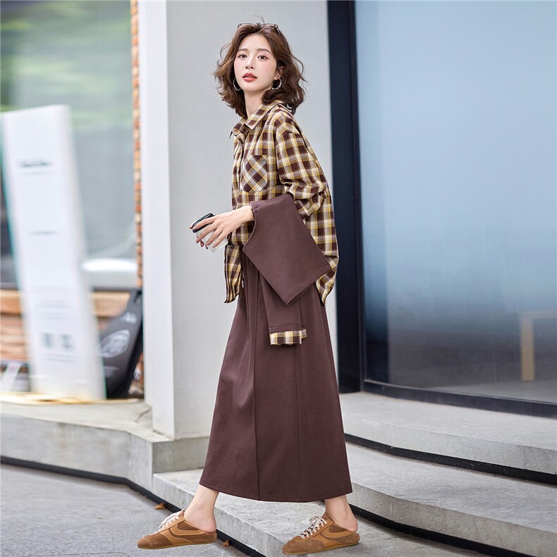 现货!2025秋装新款格纹衬衫套装披肩搭配气质时尚套装，女装套装/套裙，魅影