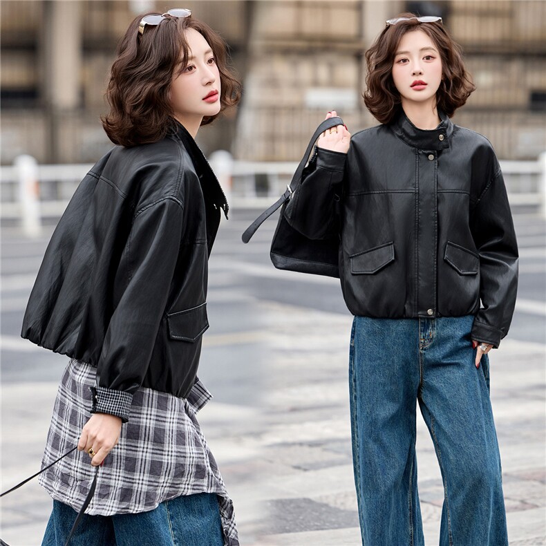 已出货春装新品格纹拼接皮衣外套女短款时尚休闲显瘦机车服长袖,女装皮衣,吾爱衣