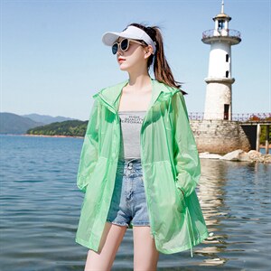 2024夏季轻薄透气连帽防晒衣女大版宽松拉链薄外套防晒开衫中长款，女装防晒衣，可可小西