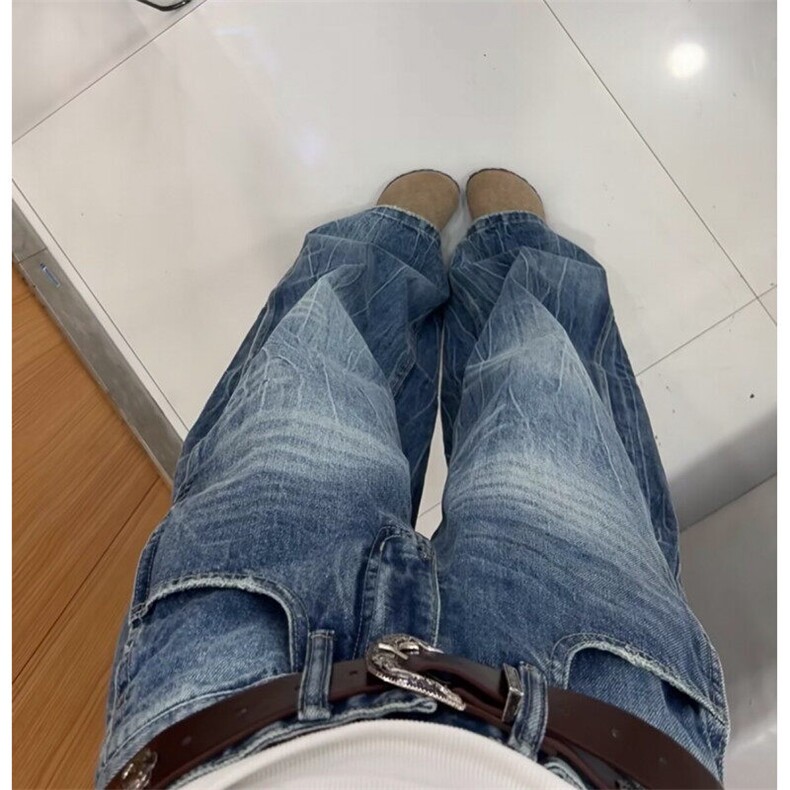 美式复古竹节纹水洗直筒牛仔裤男款宽松阔腿垂感cleanfit裤子,男装牛仔裤,星座601-1