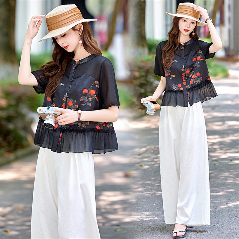 （现货）夏季新款时尚印花衬衫阔腿裤两件套裤，女装套装/套裙，恋慕依尚