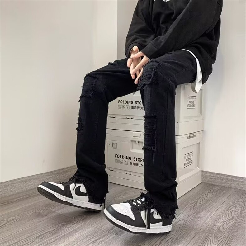 破洞牛仔裤男春修身小脚直筒裤子美式高街潮牌微喇男裤RK2508-P41图片
