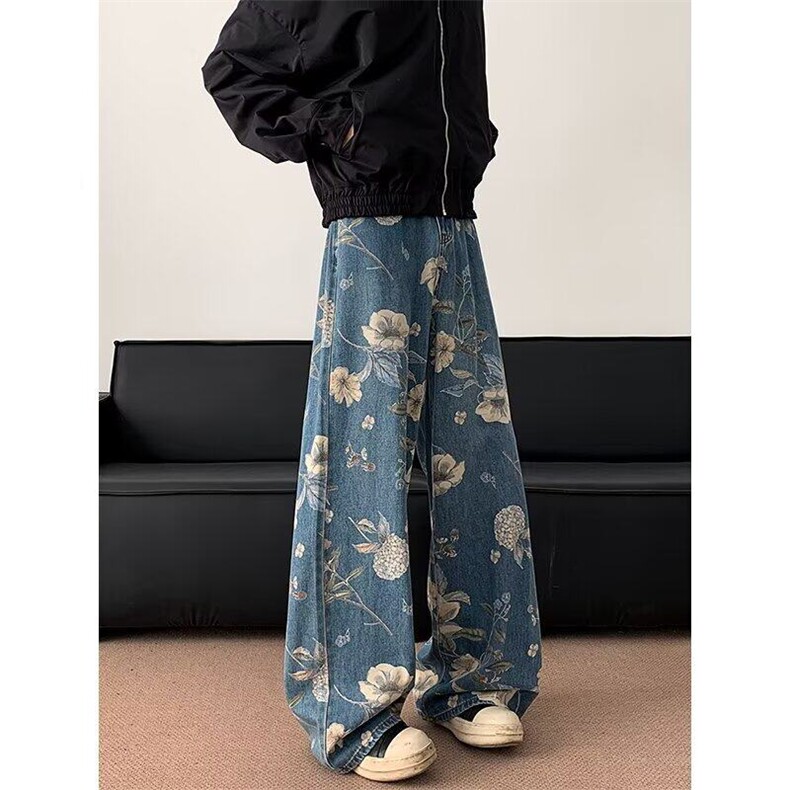 美式复古花卉印花阔腿牛仔裤宽松阔腿拖地裤子1001-1-N7089-P48,男装牛仔裤,星座1001-1