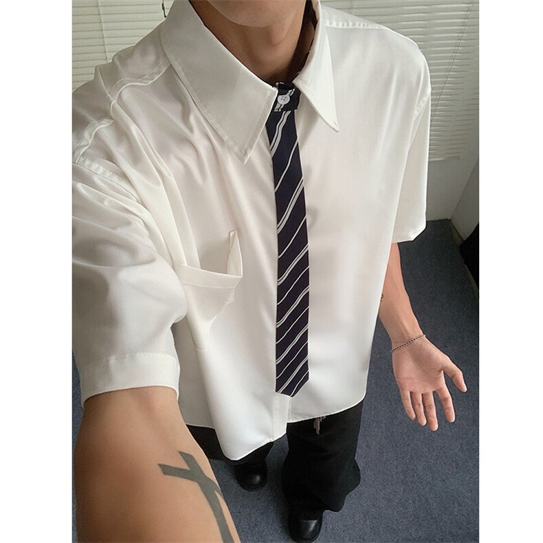 领带拼接格子纯色基础款黑白色男生学院风短袖衬衫夏季CS2537特40,男装T恤,电商B289