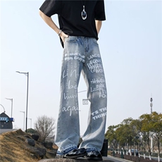 牛仔裤男女韩版潮流字母印花帅气百搭2026夏季ins长裤RK2625-P49，男装牛仔裤，星座412-2