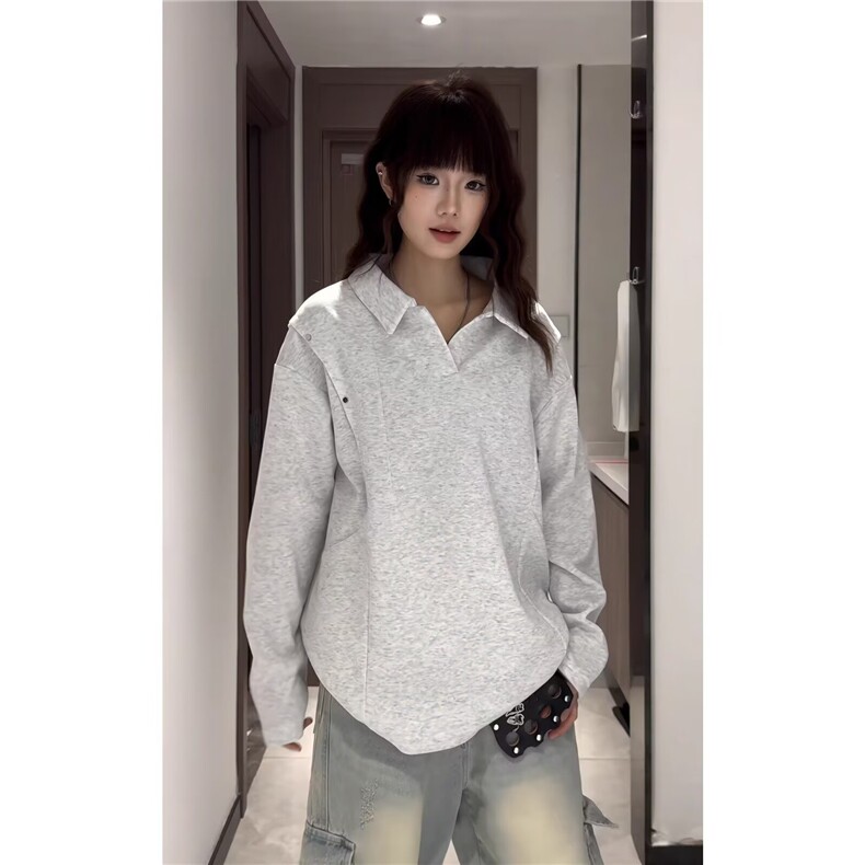 QC3333-P41春季美式复古翻领POLO衫卫衣情侣简约百搭休闲套头,男装Polo衫,电商B323A