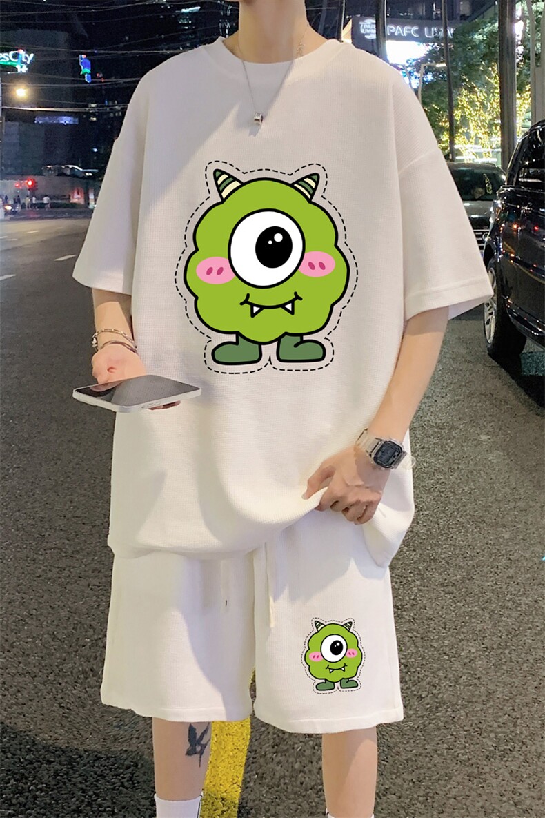 ！定制华夫格面料！2024夏季男女中性短袖情侣套装HTZ66P50,男装T恤,电商B220