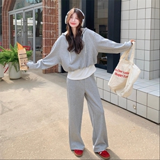 灰色运动套装女2025秋季新款撞色拼接减龄连帽卫衣长裤休闲两件套，女装套装/套裙，2D076