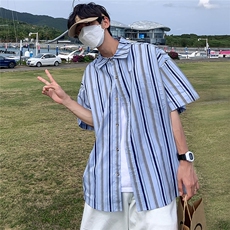 大货港风条纹衬衫男短袖宽松夏季衬衣半袖上衣牌DX173P4558，男装T恤，电商B413-1